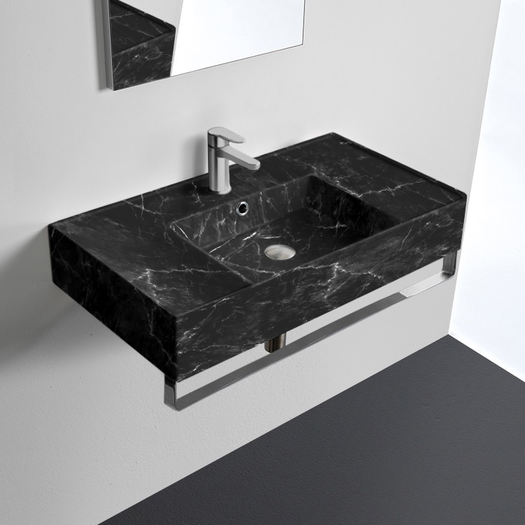 Scarabeo 5123-G-TB Black Marble Design Wall Mounted Sink With Matte Black Towel Bar